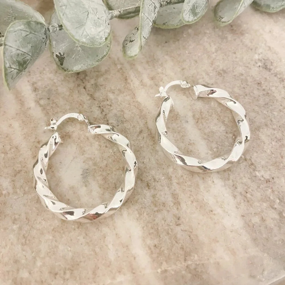 925 Sterling Silver Chunky Hoop Earrings Small Hoops Twist Spiral Hoop Earrings - Picture 3 of 6